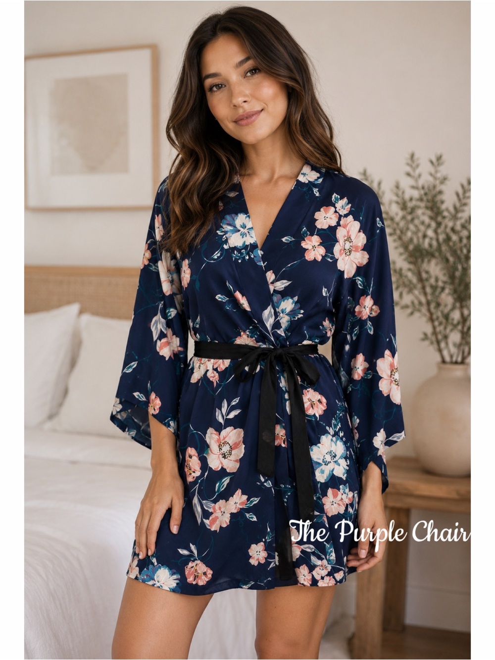YUMI KIM Navy Floral Sweet Escape Dream Lover Kimono Robe S
